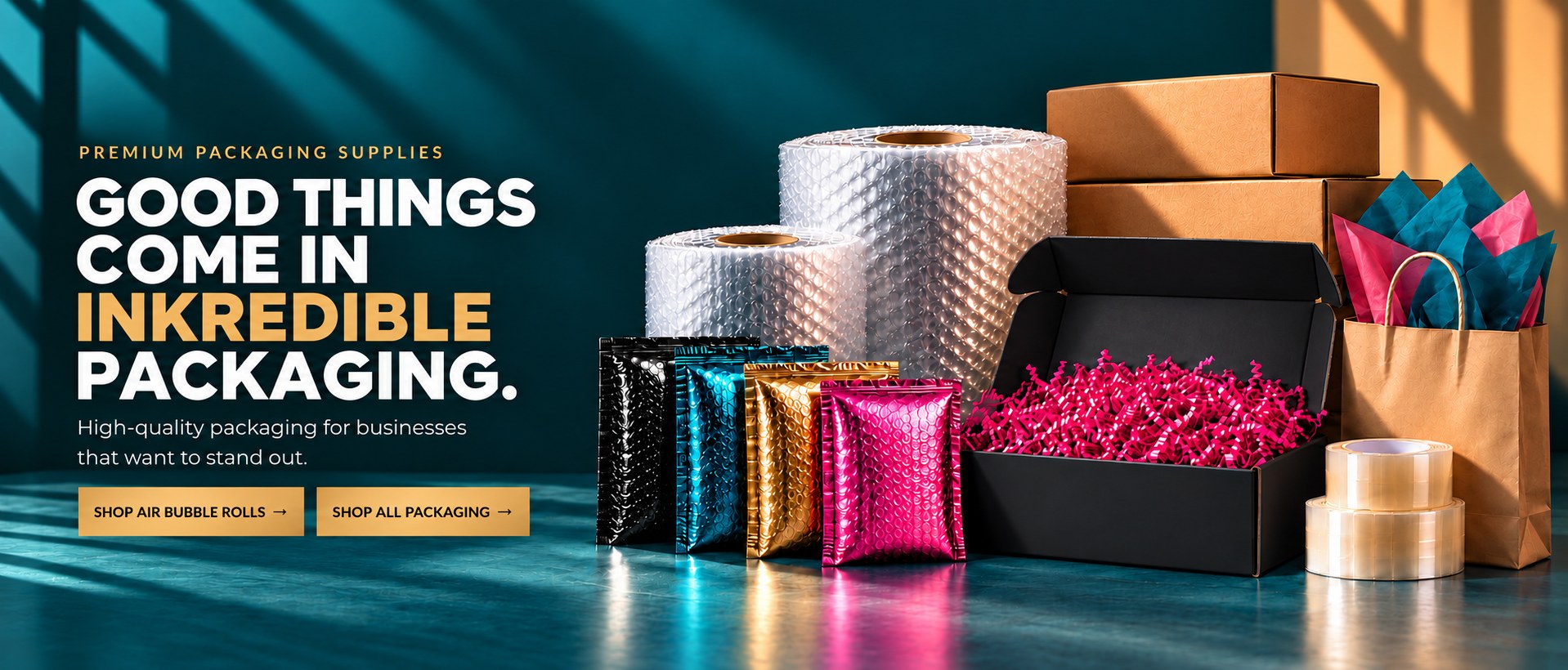 InkrediPack premium packaging supplies including Air Bubble Rolls, mailer boxes, bubble mailers and packaging supplies